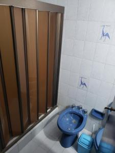 a bathroom with a blue toilet and a shower at DaKa in San Bernardo