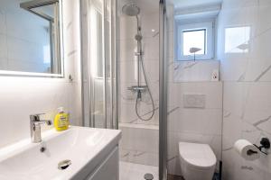 a bathroom with a shower and a sink and a toilet at Apartment Deichblick in Büsum +10 photos