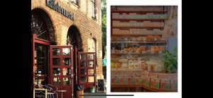 two pictures of a store with shelves of food at Apartment Aker brygge- Oslo sentrum in Oslo