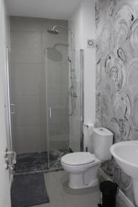 a bathroom with a shower and a toilet and a sink at Casa Thisolore in Ponta do Sol +26 photos