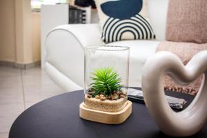 a glass vase with a plant on a table at Revitalize in Springs