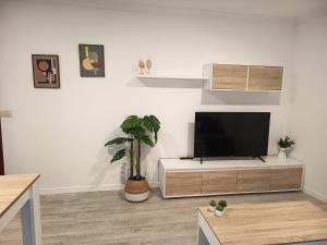 a living room with a flat screen tv on a cabinet at Apartamentos Demar Luis Casais in O Grove