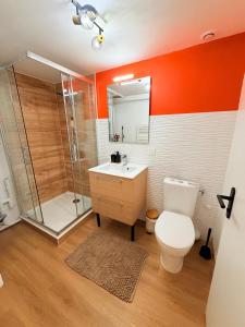 a bathroom with a toilet and a shower and a sink at Le Beau Dolois - Appartement Climatisé au Coeur de DOLE avec Parking GRATUIT à proximité in Dole