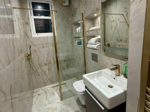 a bathroom with a sink and a toilet and a shower at Stockwell Residences - The Eclipse Room in London