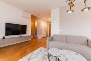 a living room with a couch and a tv at Apartman Maxim in Palić