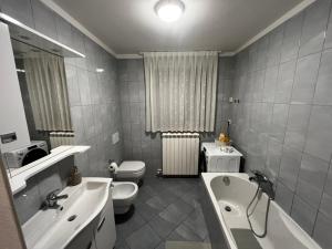a bathroom with a sink and a toilet and a tub at Rumena hiša in Trnovo +14 photos