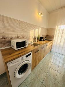 a kitchen with a washer and a microwave on a counter at Serenity Apartments and Studios in Eforie Nord +76 photos