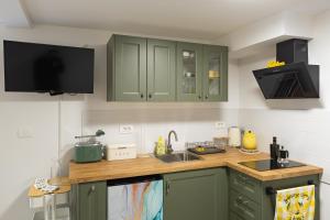 a kitchen with green cabinets and a sink at Lemon apartment Piran in Piran +8 photos