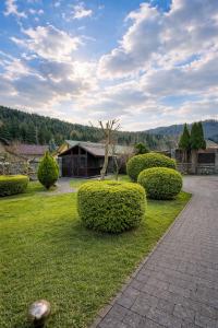 a garden with bushes and a brick walkway at Cottage Smerekovyi in Skole