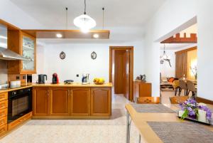 a kitchen with wooden cabinets and a living room at Aquarius View in Archipolis +9 photos