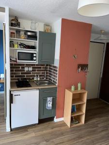 a small kitchen with green cabinets and a white refrigerator at EcrAin Montagnard in Lélex +20 photos