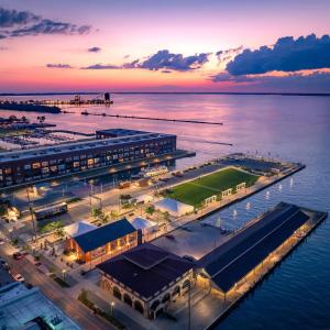 an aerial view of a marina at sunset at Spacious Condo Minutes to Cedar Point in Sandusky