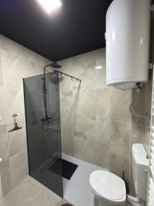 a bathroom with a toilet and a glass shower at Grand Line in Sombor