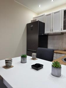 a kitchen with a white counter and a black refrigerator at Grand Line in Sombor