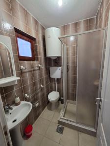 a bathroom with a shower and a toilet and a sink at Apartmani Tina in Sutomore