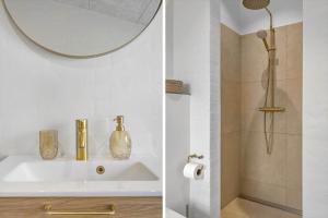 a bathroom with a sink and a shower with a mirror at 1159-Ringkobing-Anders-Juhls-Vej-13 in Søndervig +30 photos