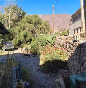 a garden with flowers and a stone wall at Cabaña Padilla in Tilcara