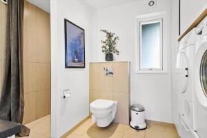 a white bathroom with a toilet and a window at 1130-Ringkobing-Sletten-18 in Søndervig +26 photos
