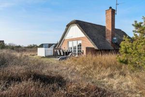 a house with a thatched roof in a field at 290-Ringkobing-Nordso-Ferievej-50 in Nørre Lyngvig