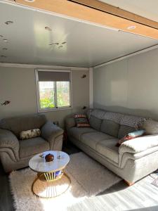 a living room with two couches and a table at Centrally located peaceful place in Greymouth