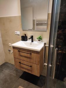a bathroom with a sink and a shower at Schöne Wohnung Prima am Bahnhof Schwerte in Schwerte