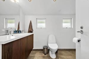 a white bathroom with a toilet and a sink at 232-Ringkobing-Jakob-Bondes-Vej-35 in Klegod +32 photos