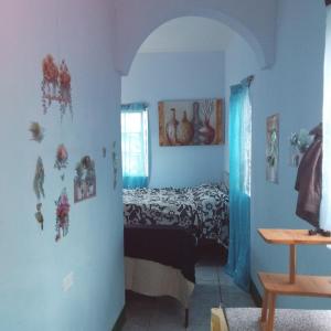 a bedroom with a bed in a blue room at Powell's guesthouse in Santa Cruz