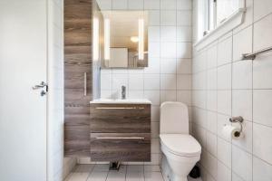a bathroom with a toilet and a sink and a mirror at 1134-Ringkobing-Egernvej-12 in Nørby +26 photos