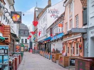 a street in a town with many shops at Dancenter Hotel Jomfru Ane Standard Double in Aalborg