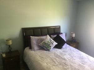 a bedroom with a bed with pillows on it at Captivating Home near Downtown ATL in Conley