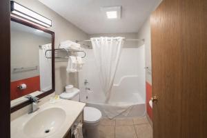 a bathroom with a sink and a toilet and a shower at Super 8 by Wyndham Lewiston in Lewiston +18 photos