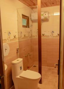 a bathroom with a toilet and a shower at Đồi Lát Homestay in Da Lat