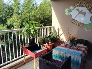 a balcony with a table and potted plants on it at La chambre zen in Saint-André
