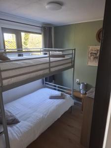 two bunk beds in a room with a window at Sfeervol Chalet - Gelegen In bosrijkgebied van Drenthe - Rust en Natuur in Eext