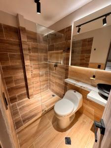 a bathroom with a toilet and a shower at Hotel Monterosa Lofts in Pereira