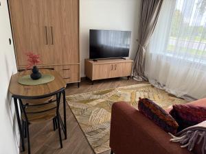 a living room with a couch and a table and a television at Cozy Stay Marijampolė in Marijampolė