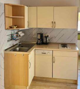 a kitchen with a sink and a counter top at FeWo Hoffmann DG - Ihr Domizil für Arbeit oder Kurzurlaub in Böhlen