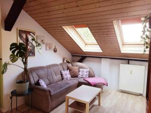 a living room with a couch and two skylights at FeWo Hoffmann DG - Ihr Domizil für Arbeit oder Kurzurlaub in Böhlen +4 photos