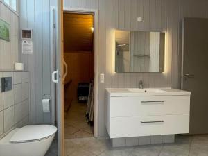 a bathroom with a sink and a toilet and a mirror at M369-Vaeggerlose-Mimosevej-19 in Bøtø By