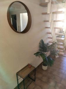 a mirror on a wall with a table and a plant at Appartement en résidence Valras-Plage in Valras-Plage