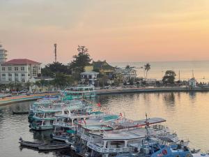 a group of boats are docked at a harbor at Tôm Tít Homestay in Phú Quốc