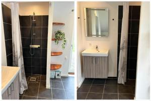 two pictures of a bathroom with a sink and a shower at 20135-Ulfborg-Fyrrebakken-7 in Ulfborg +14 photos