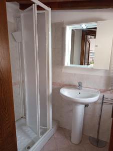 a bathroom with a shower and a sink and a mirror at Casina Luce in Stiava +15 photos