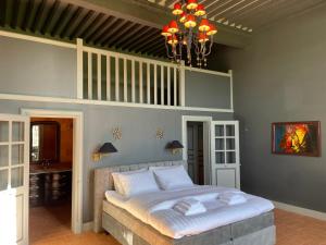 a bedroom with a bed and a chandelier at Château d'Arcamont in Roquelaure +68 photos