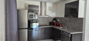 a kitchen with a stainless steel refrigerator and microwave at Elsanais in Figari