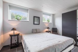 a bedroom with a large bed and two windows at K20039-Kalundborg-Engholmen-1 in Kalundborg
