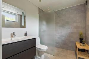 a bathroom with a toilet and a sink and a mirror at K20039-Kalundborg-Engholmen-1 in Kalundborg +28 photos