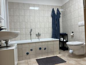 a bathroom with a tub and a toilet and a sink at Little Rostock in Papendorf