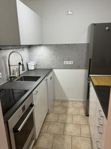 a small kitchen with a sink and a refrigerator at Little Rostock in Papendorf