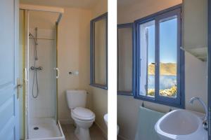 two pictures of a bathroom with a toilet and a sink at Villa MARION bord de mer in Pino